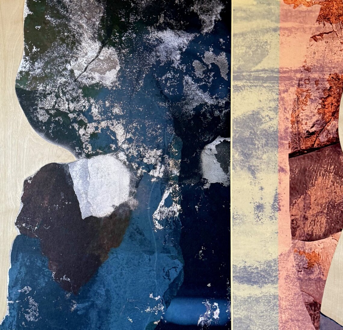 Hazem Harb, Peeling #1, 2025  Handmade collage on plywood.   120x183 cm (detail), Courtesy of Tabari Artspace