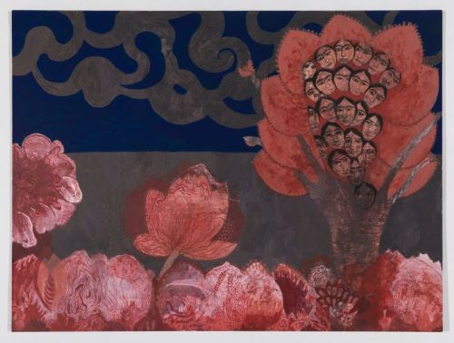 Taymour Grahne Projects - Samira Abbassy, Tree Spirits (2025), collage, acrylic and gouache on art board, 15 x 20 in, courtesy of Taymour Grahne Projects